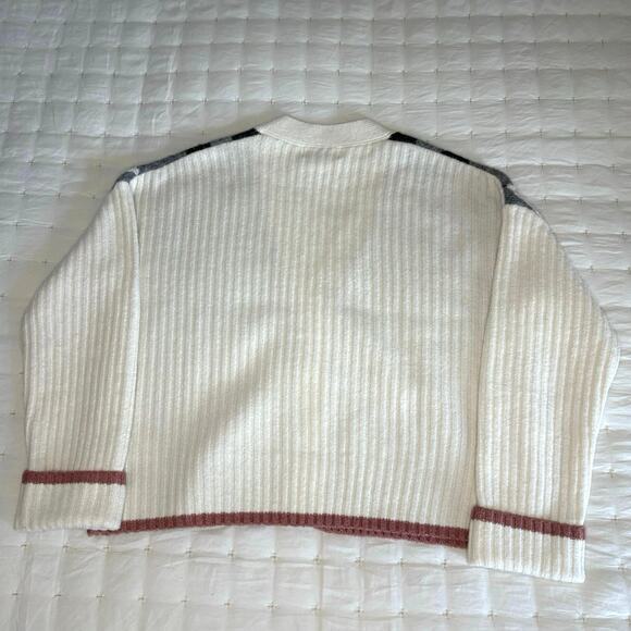Rachel Zoe Argyle Cardigan Sweater Women's S | Cream & Gray | V-Neck | EUC - Picture 3 of 11